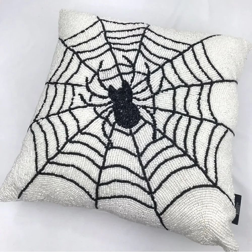 Noir Night Black Spiderweb White Beaded 16” Halloween Decor Accent Throw Pillow